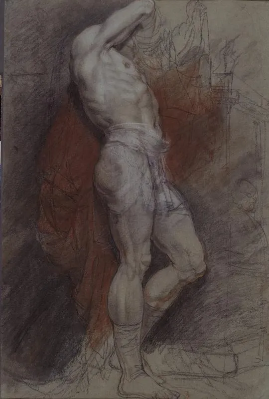 Натурщик на фоне красной драпировки